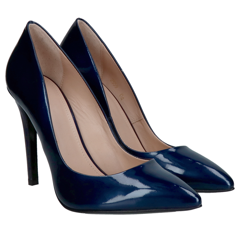 Wysokie granatowe szpilki ze skóry lakierowanej, piękne szpilki damskie, Konopka Shoes