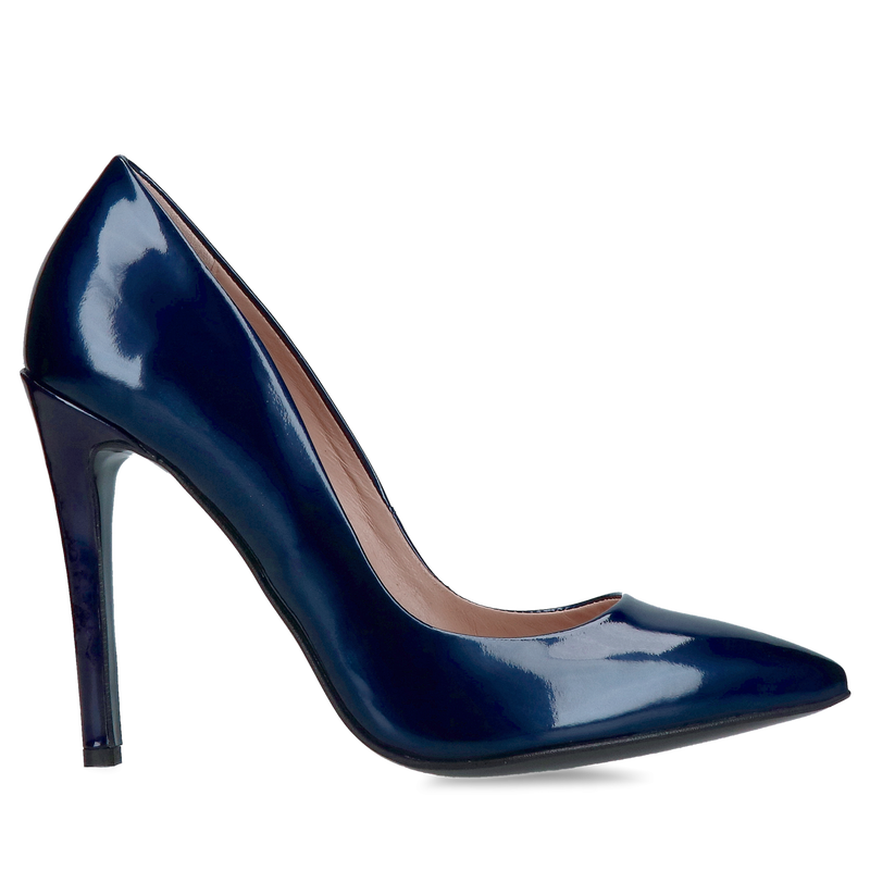 Wysokie granatowe szpilki ze skóry lakierowanej, piękne szpilki damskie, Konopka Shoes