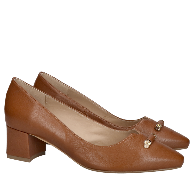 Buty damskie na niskim klocku w kolorze rudym, wygodne damskie czółenka z miękkiej skóry, Konopka Shoes