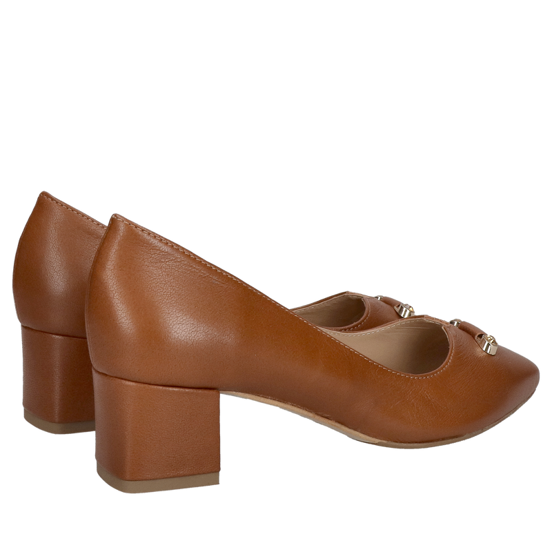 Buty damskie na niskim klocku w kolorze rudym, wygodne damskie czółenka z miękkiej skóry, Konopka Shoes