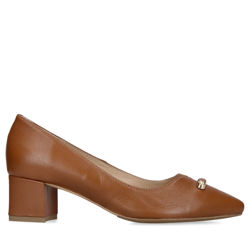 Buty damskie na niskim klocku w kolorze rudym, wygodne damskie czółenka z miękkiej skóry, Konopka Shoes