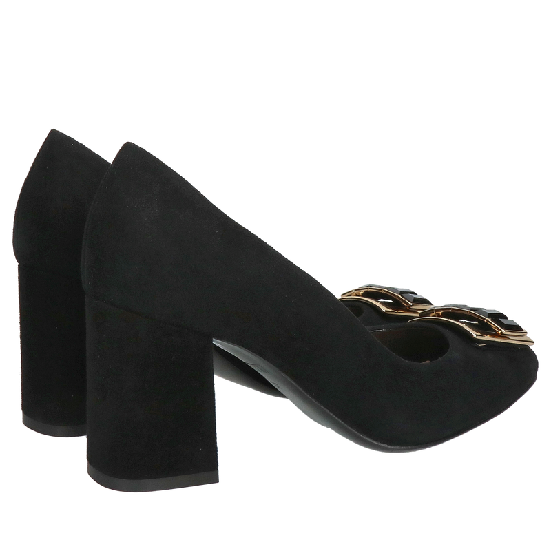 Damskie buty na szerokim obcasie ze skóry czarnej zamszowej, czółenka zamszowe na słupku ze złotą ozdobą, Konopka Shoes