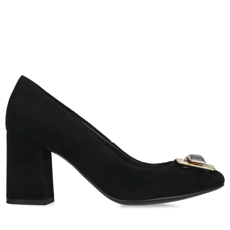 Damskie buty na szerokim obcasie ze skóry czarnej zamszowej, czółenka zamszowe na słupku ze złotą ozdobą, Konopka Shoes