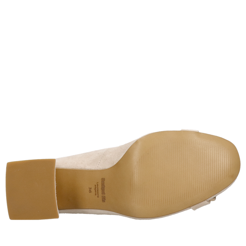 Czółenka na wygodnym szerokim słupku z beżowego zamszu dopełnione piękną ozdobą na przodzie, eleganckie czółenka