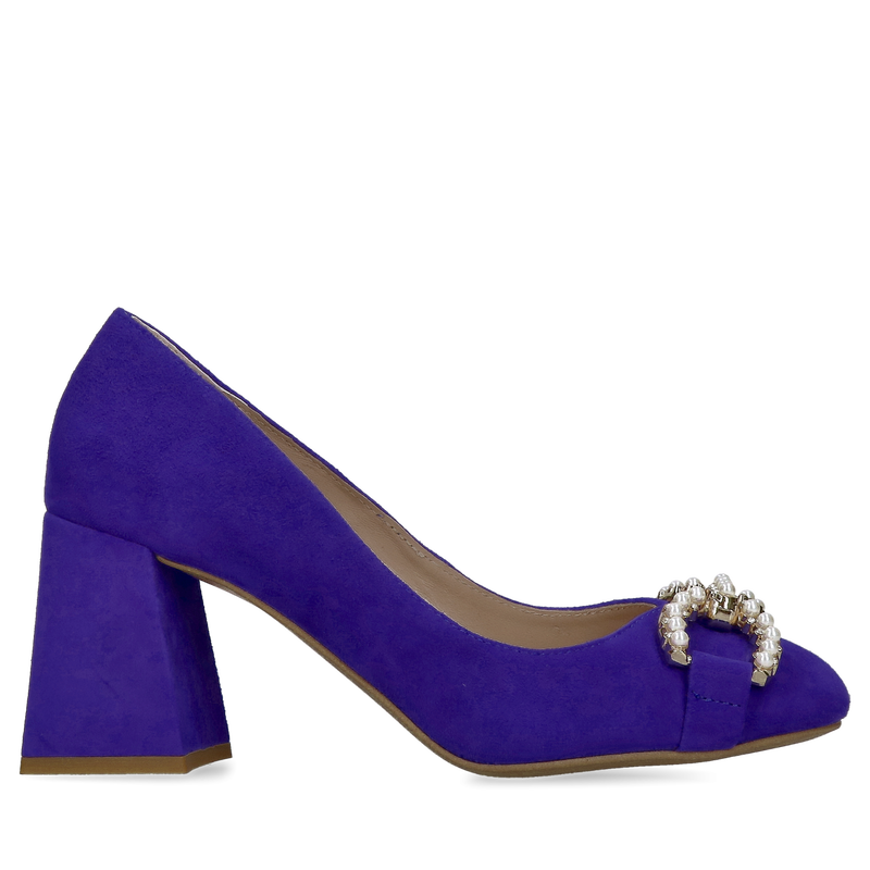 Czółenka na grubym obcasie w kolorze kobaltowym, buty na wysokim klocku niebieskie, eleganckie czółenka