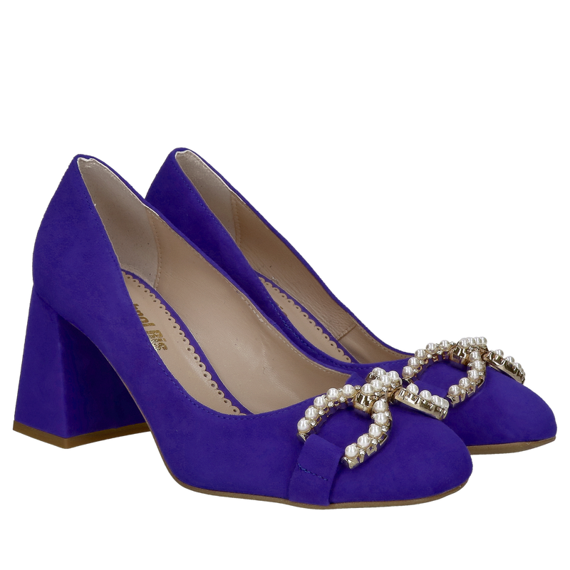 Czółenka na grubym obcasie w kolorze kobaltowym, buty na wysokim klocku niebieskie, eleganckie czółenka