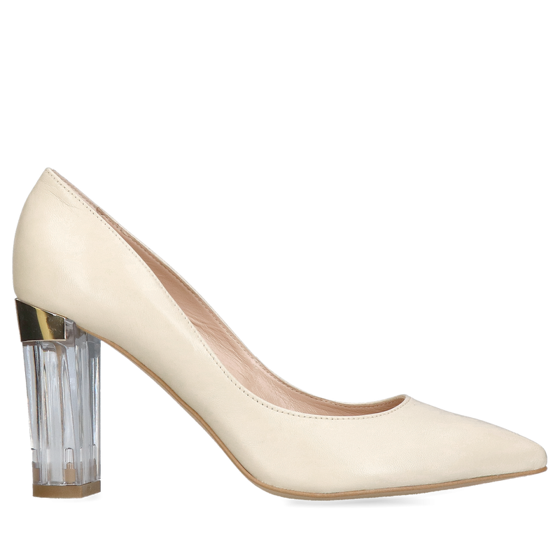 Wyjątkowe czółenka na transparentnym obcasie, beżowe czółenka na wygodnym słupku