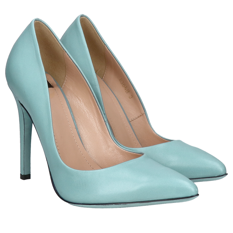 Wysokie błękitne szpilki na skórzanej podeszwie, luksusowe szpilki z niebieską podeszwą