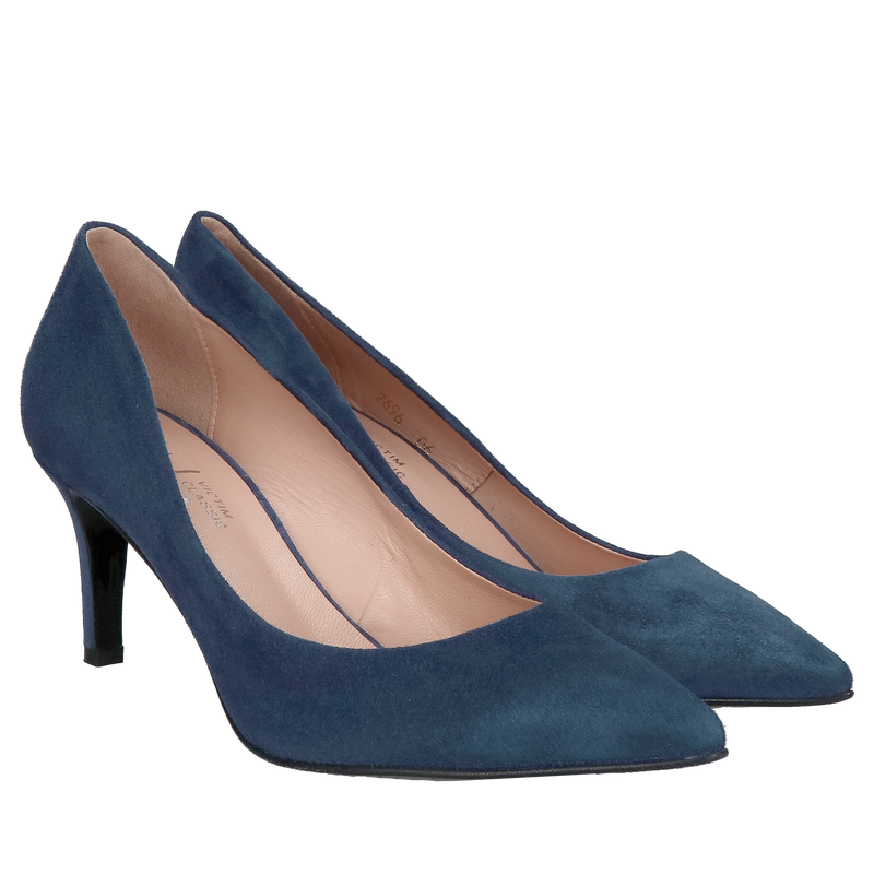 Szpilki do szpica na niskim obcasie, zamszowe czółenka granatowe, eleganckie szpilki zamszowe