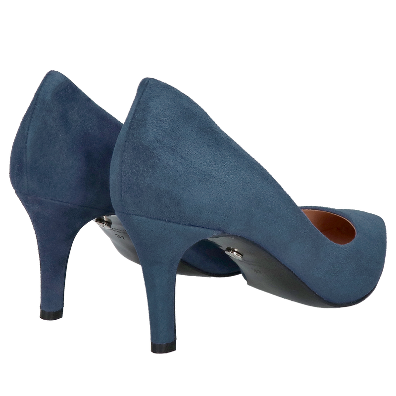 Szpilki do szpica na niskim obcasie, zamszowe czółenka granatowe, eleganckie szpilki zamszowe