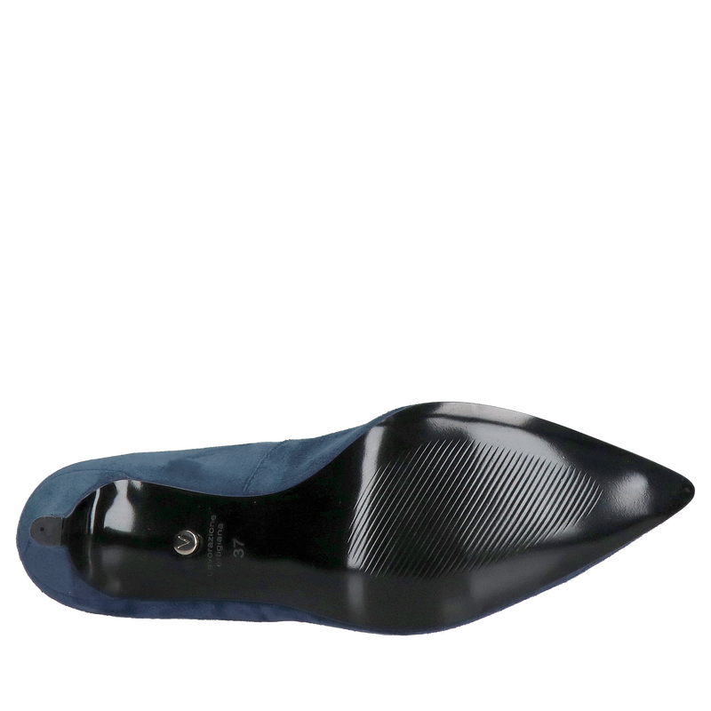 Szpilki do szpica na niskim obcasie, zamszowe czółenka granatowe, eleganckie szpilki zamszowe