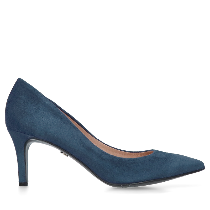 Szpilki do szpica na niskim obcasie, zamszowe czółenka granatowe, eleganckie szpilki zamszowe