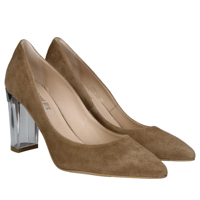 Zamszowe czółenka na wysokim słupku, czółenka damskie w brązowym zamszu