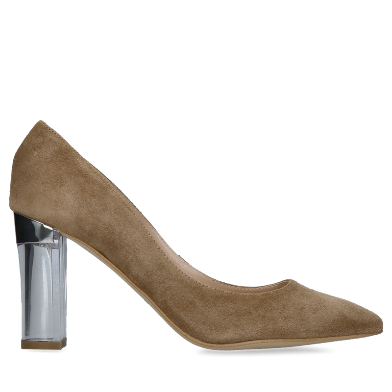 Zamszowe czółenka na wysokim słupku, czółenka damskie w brązowym zamszu