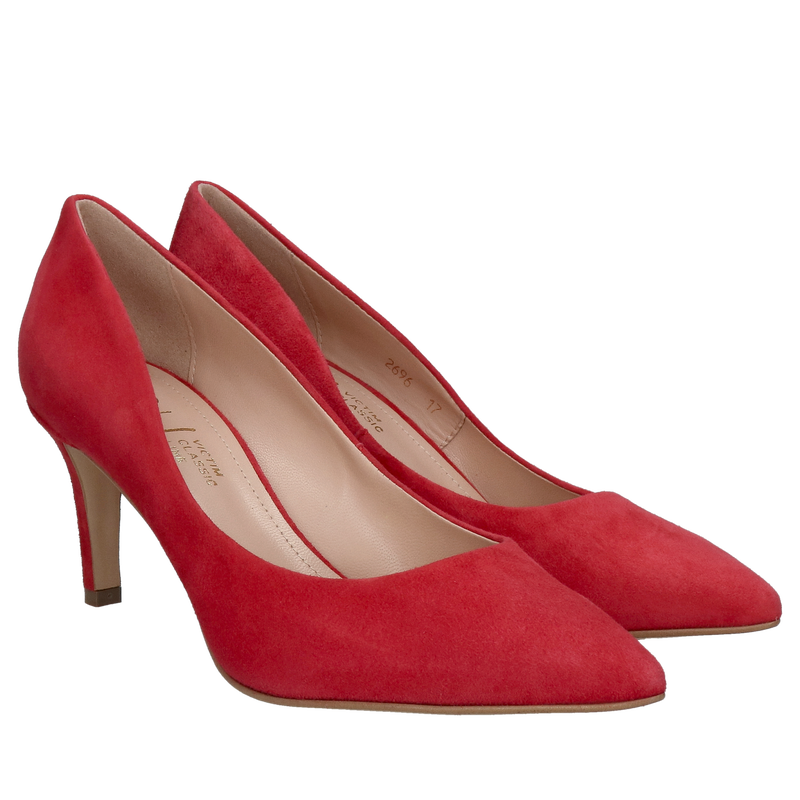 Wygodne zamszowe czółenka, czerwone szpilki 7 cm w zamszu na niskim obcasie do sukienki