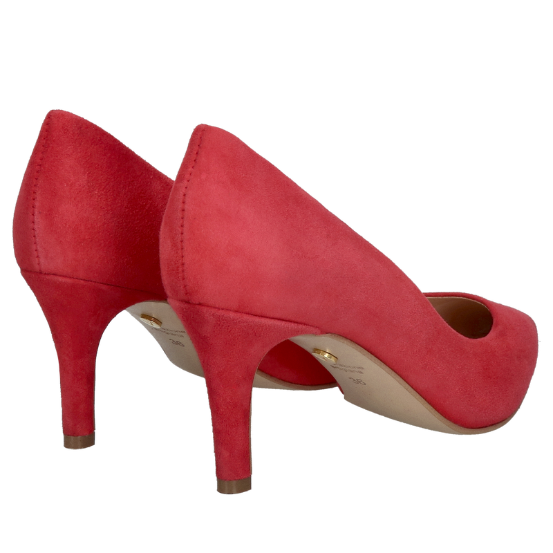 Wygodne zamszowe czółenka, czerwone szpilki 7 cm w zamszu na niskim obcasie do sukienki