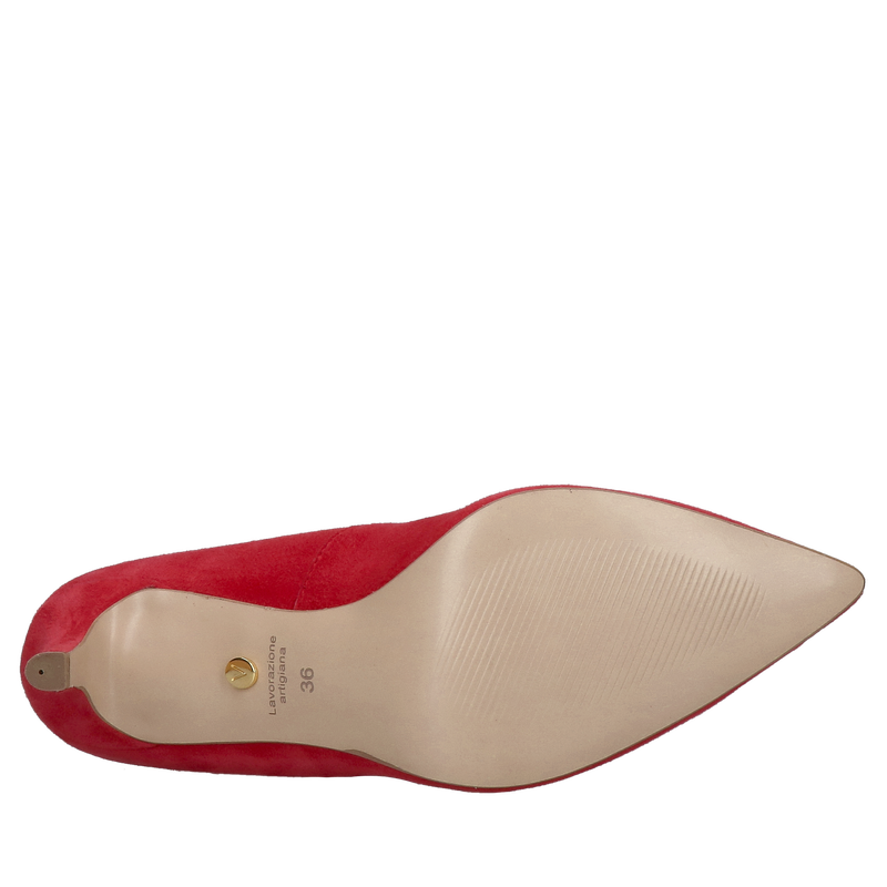 Wygodne zamszowe czółenka, czerwone szpilki 7 cm w zamszu na niskim obcasie do sukienki