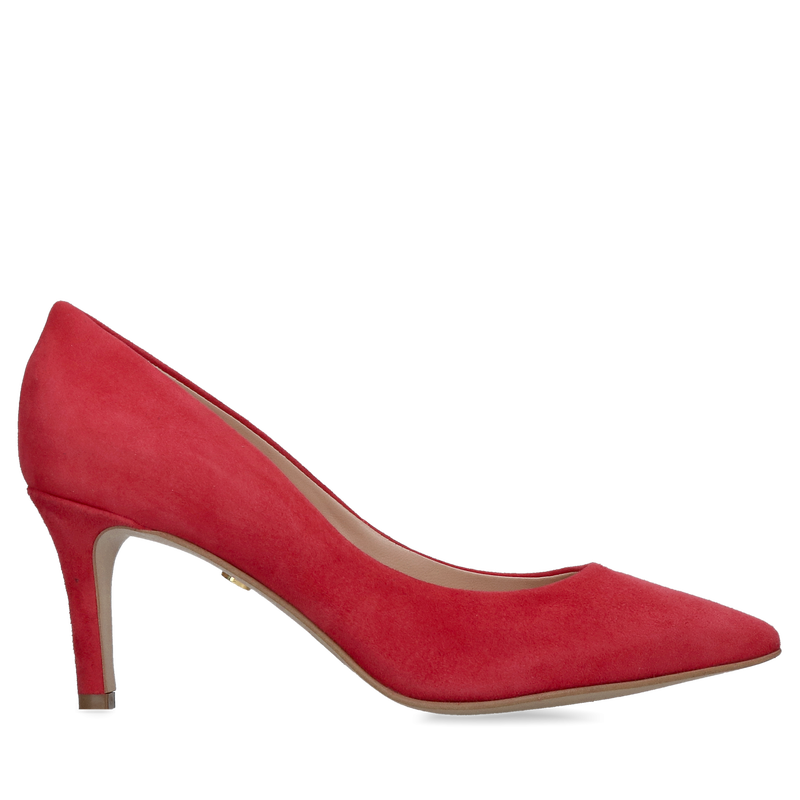 Wygodne zamszowe czółenka, czerwone szpilki 7 cm w zamszu na niskim obcasie do sukienki