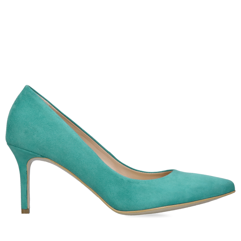 Szpilki zamszowe ze skóry, wygodne czółenka do szpica na niskim obcasie