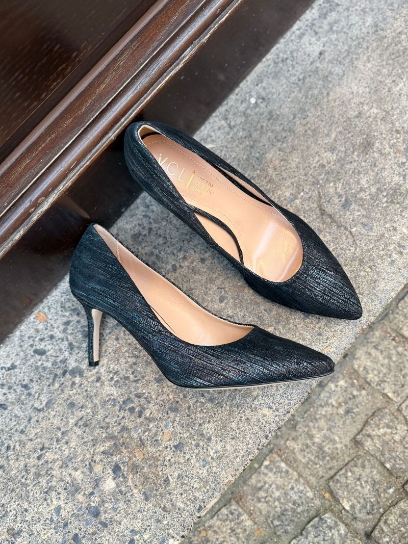 Wygodne szpilki 7cm, eleganckie czółenka zamszowe z połyskiem do sukienki