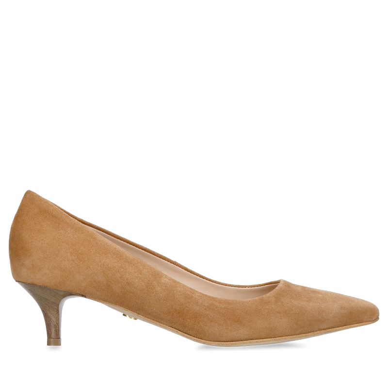 Czółenka na niskim obcasie, brązowe damskie szpilki kaczuszki zamszowe