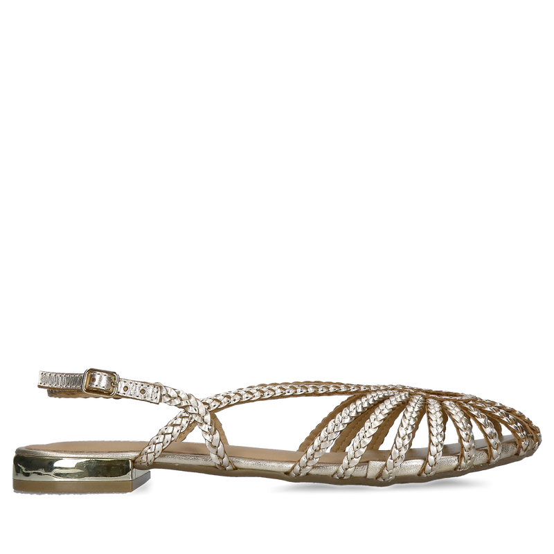 Plecione sandały damskie w złotej skórze, damskie buty bez pięty slingback