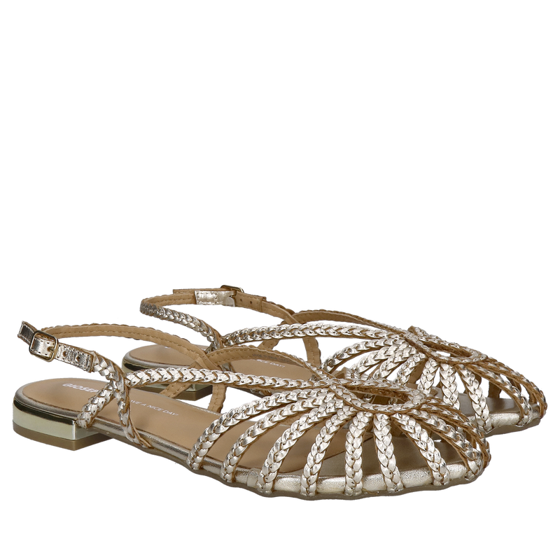 Plecione sandały damskie w złotej skórze, damskie buty bez pięty slingback