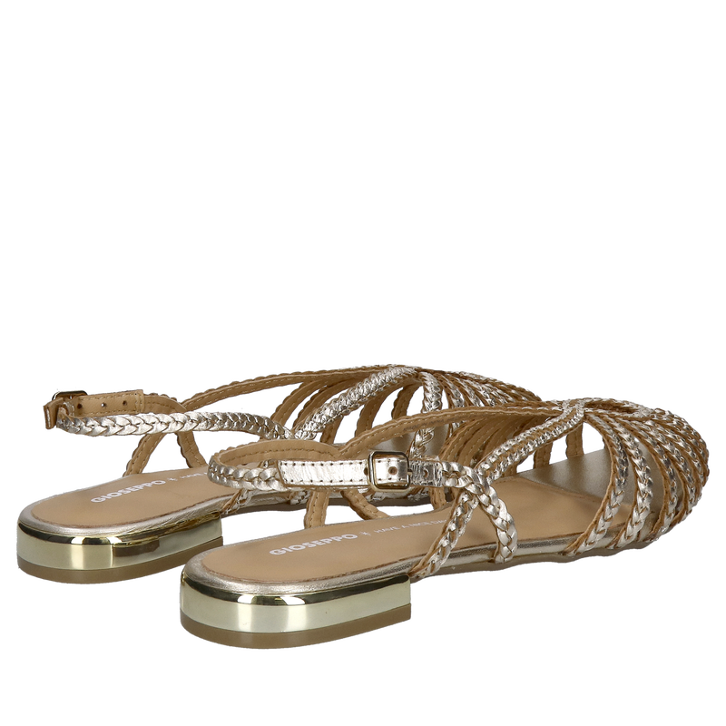 Plecione sandały damskie w złotej skórze, damskie buty bez pięty slingback