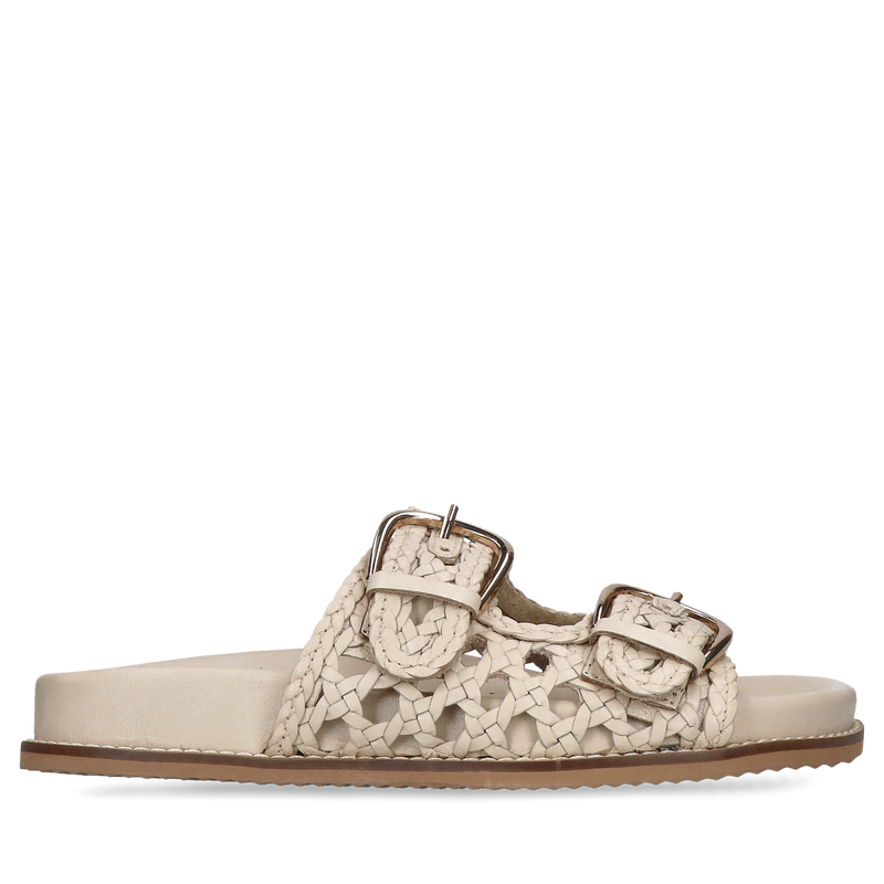 Wygodne klapki damskie ze skóry plecionej w kolorze beżowym, klapki damskie na grubej podeszwie