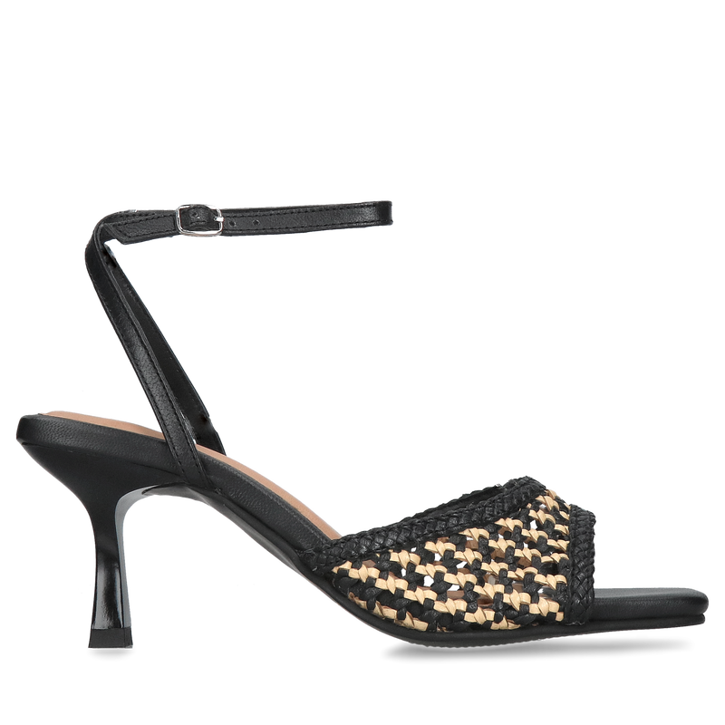 Delikatne sandałki na szpilce ze skóry plecionej, czarne sandały do sukienki