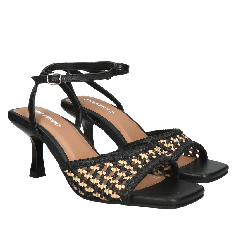 Delikatne sandałki na szpilce ze skóry plecionej, czarne sandały do sukienki