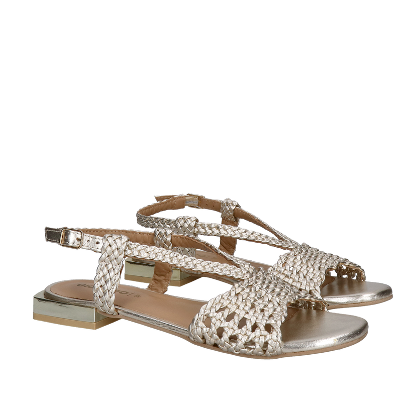 Sandałki na niskim obcasie, skóra złota pleciona idealne do letnich sukienek, Gioseppo, Konopka Shoes
