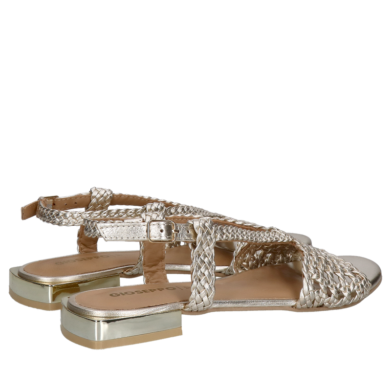 Sandałki na niskim obcasie, skóra złota pleciona idealne do letnich sukienek, Gioseppo, Konopka Shoes