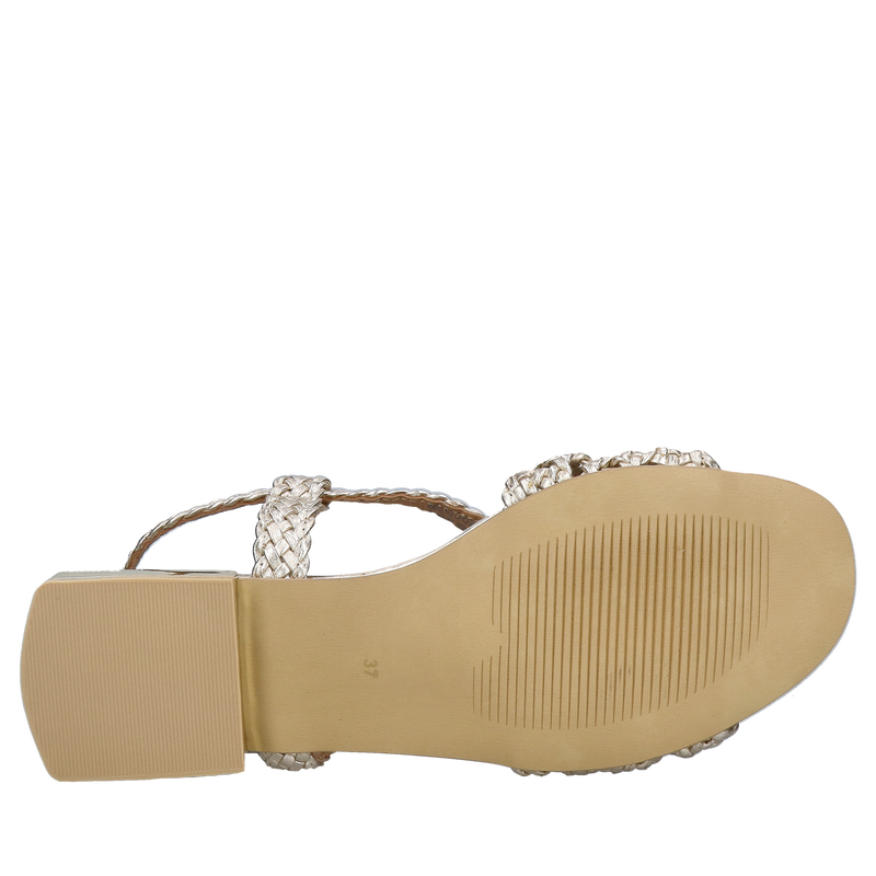 Sandałki na niskim obcasie, skóra złota pleciona idealne do letnich sukienek, Gioseppo, Konopka Shoes