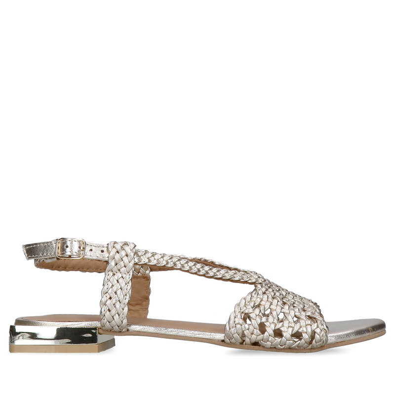 Sandałki na niskim obcasie, skóra złota pleciona idealne do letnich sukienek, Gioseppo, Konopka Shoes