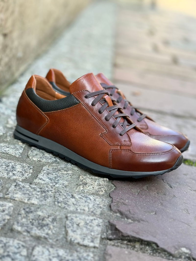 Męskie brązowe półbuty casualowe, na co dzień, skórzane z szarym akcentem