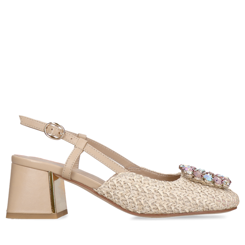 Czółenka beżowe na niskim klocku, wygodne eleganckie buty damskie