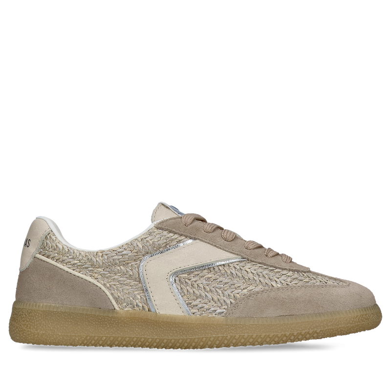 Beżowe damskie letnie sneakersy ze skóry zamszowej oraz przewiewnego materiału