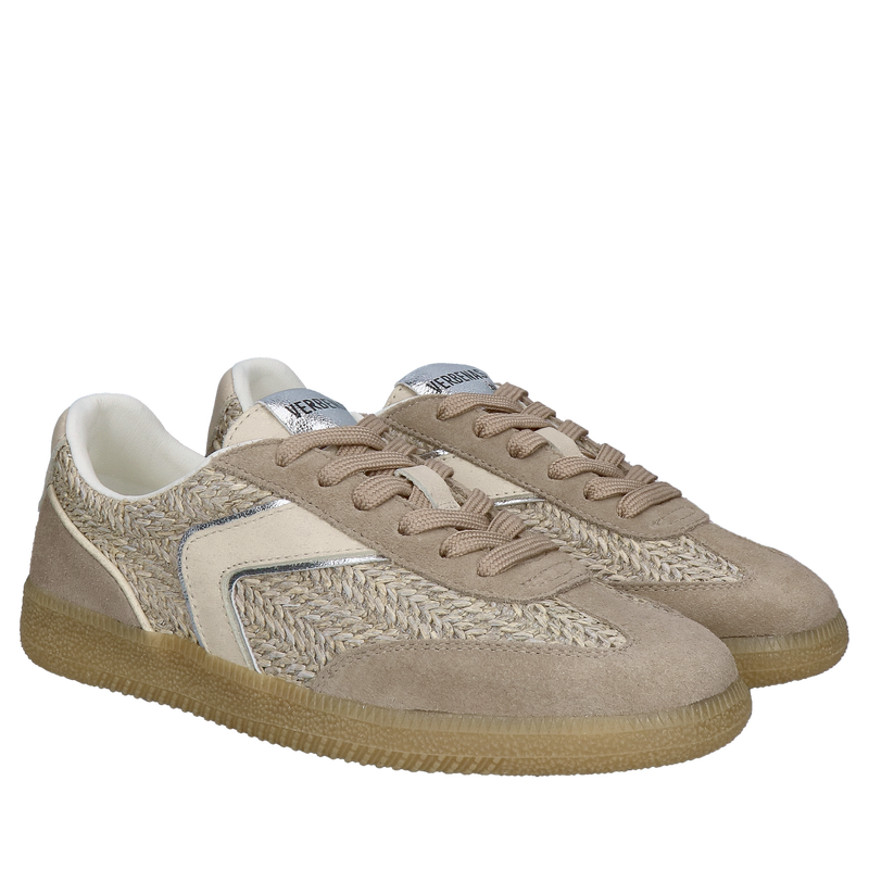 Beżowe damskie letnie sneakersy ze skóry zamszowej oraz przewiewnego materiału