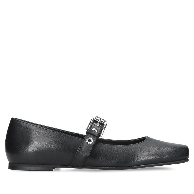 Modne czarne baleriny z paskiem na podbiciu z kwadratowym przodem