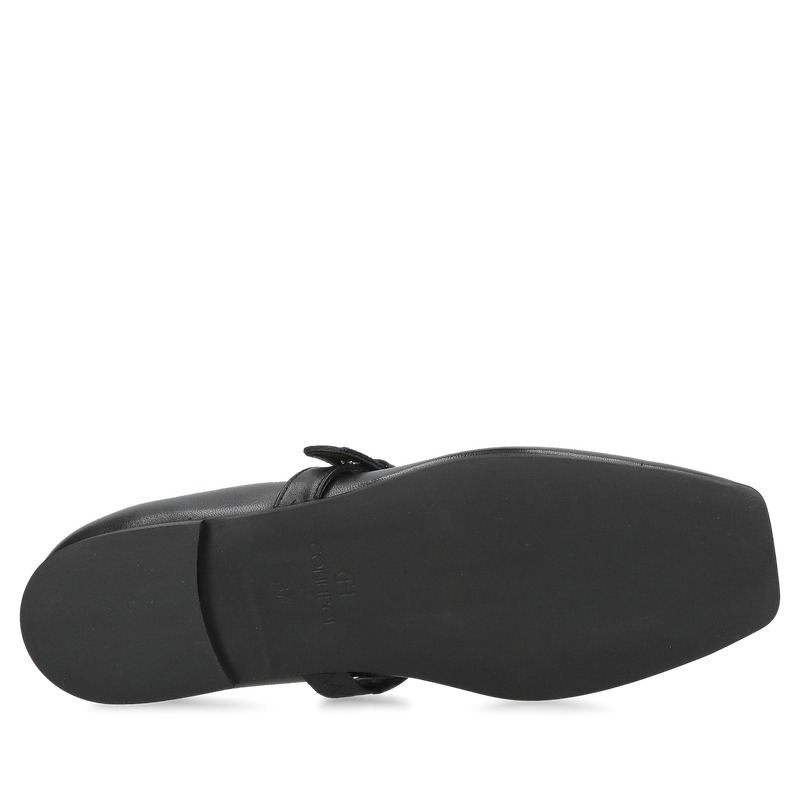 Modne czarne baleriny z paskiem na podbiciu z kwadratowym przodem