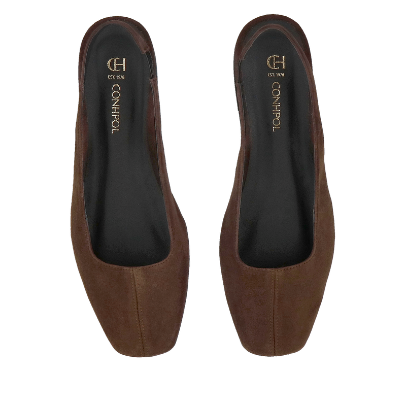 Baleriny damskie bez pięty ze skóry zamszowej i kwadratowym przodem, obuwie damskie slingback