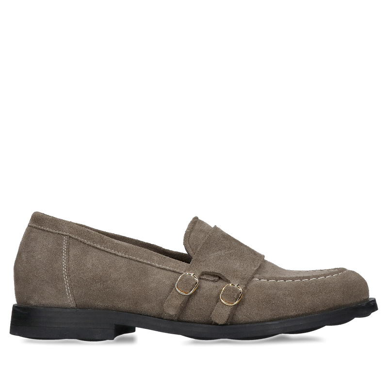 Miękkie i wygodne damskie loafersy popielate ze skóry zamszowej ze stylową patką typu monk