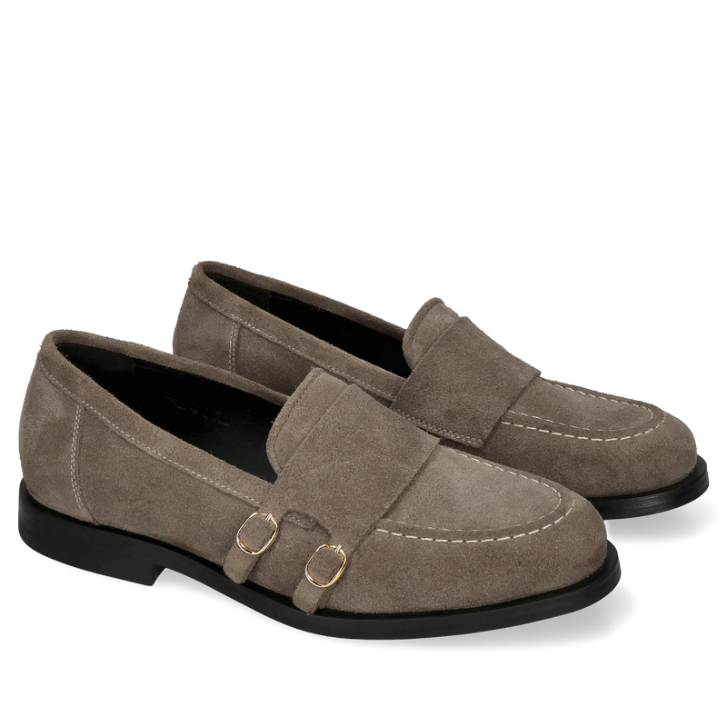 Miękkie i wygodne damskie loafersy popielate ze skóry zamszowej ze stylową patką typu monk