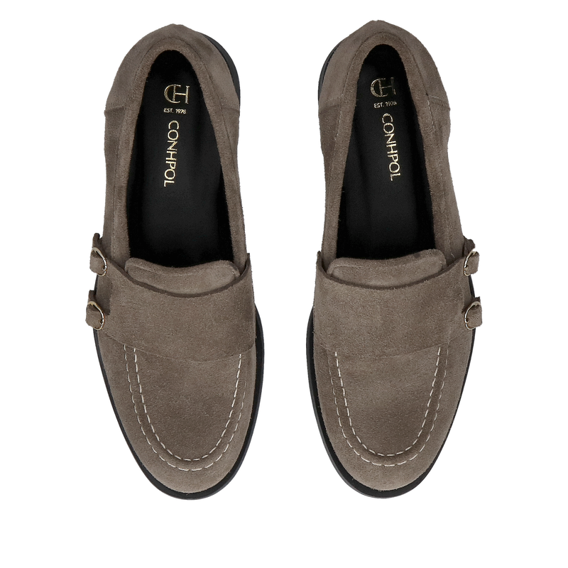 Miękkie i wygodne damskie loafersy popielate ze skóry zamszowej ze stylową patką typu monk