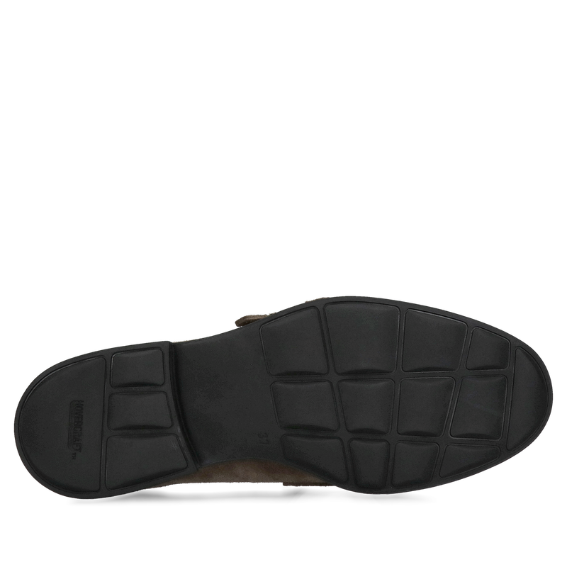 Miękkie i wygodne damskie loafersy popielate ze skóry zamszowej ze stylową patką typu monk