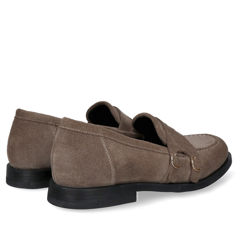 Miękkie i wygodne damskie loafersy popielate ze skóry zamszowej ze stylową patką typu monk