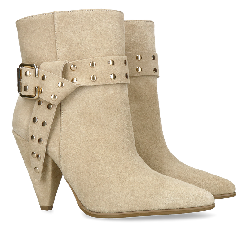 Welurowe botki damskie w kolorze beżowym, botki damskie typu tuba bez zamka z odpinaną ozdobą