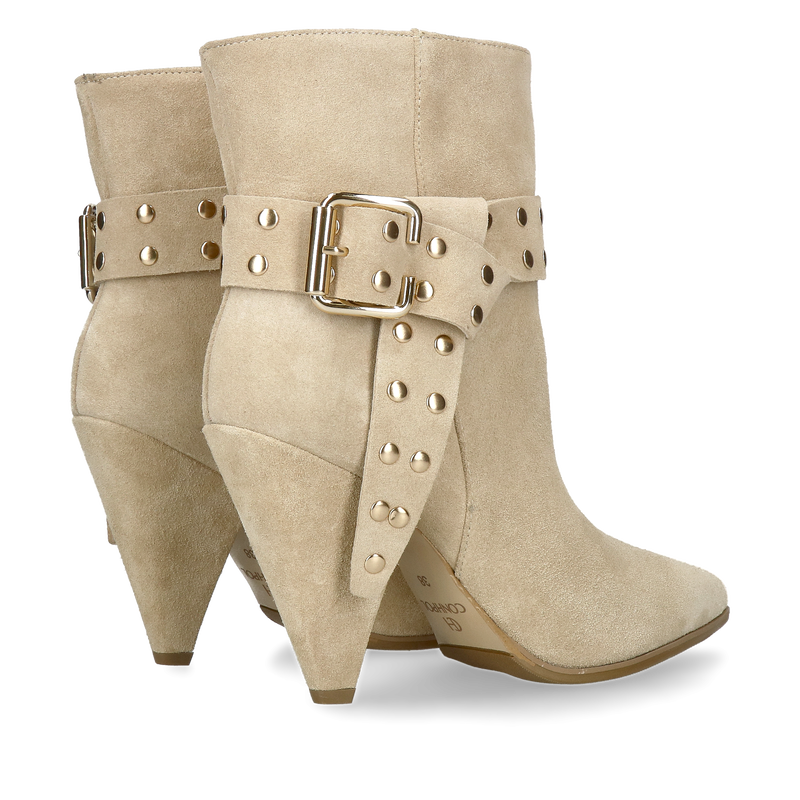 Welurowe botki damskie w kolorze beżowym, botki damskie typu tuba bez zamka z odpinaną ozdobą