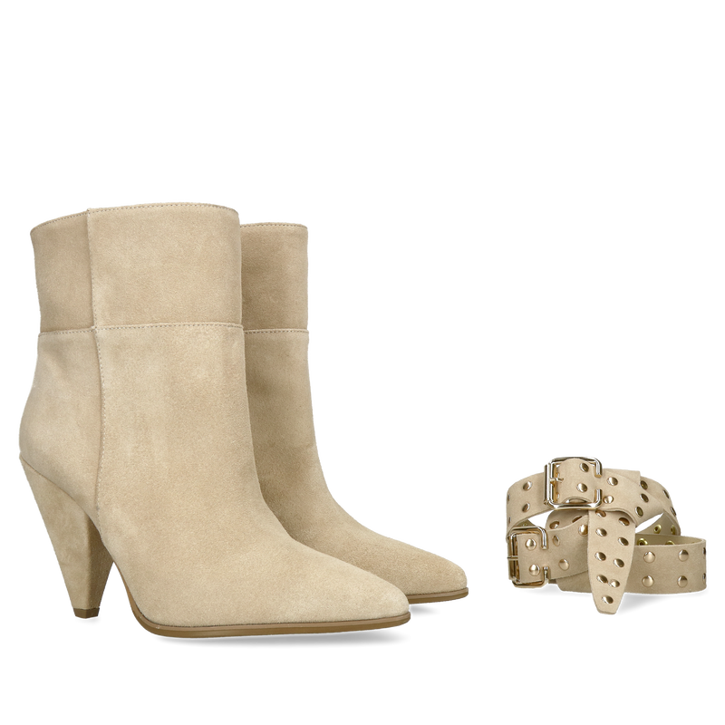 Welurowe botki damskie w kolorze beżowym, botki damskie typu tuba bez zamka z odpinaną ozdobą